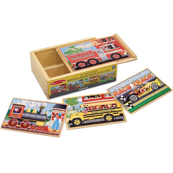 NWT Melissa & Doug wooden puzzles in box vehicles fire truck bus race car train - Picture 8 of 8